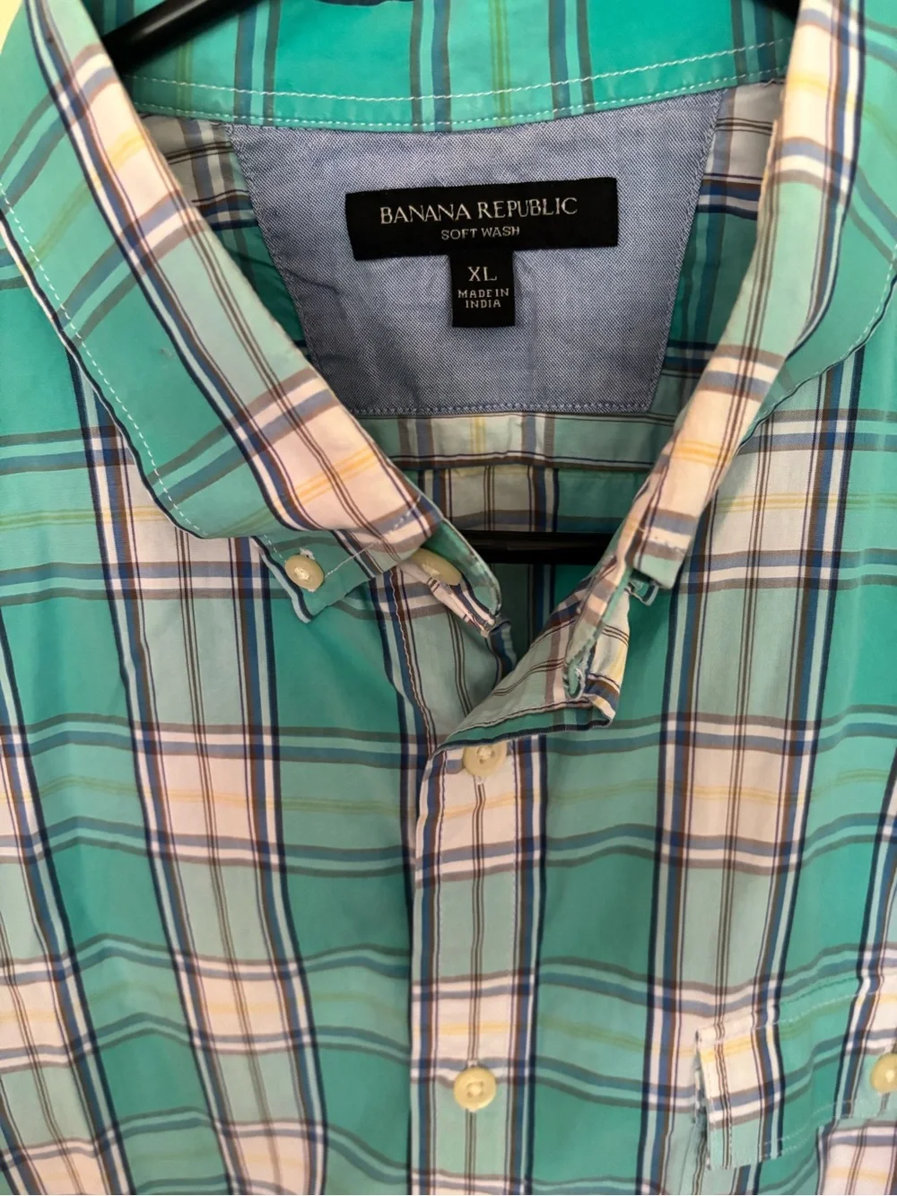 Banana Republic Teal and White Plaid Men's Button-Down Shirt XL